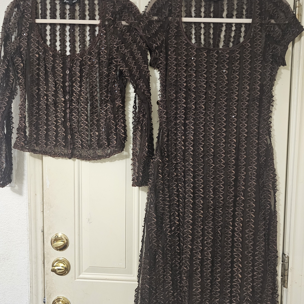 Betsey Johnson New York Brown 3-Piece Set Crinkle Mesh Sheer Cardigan